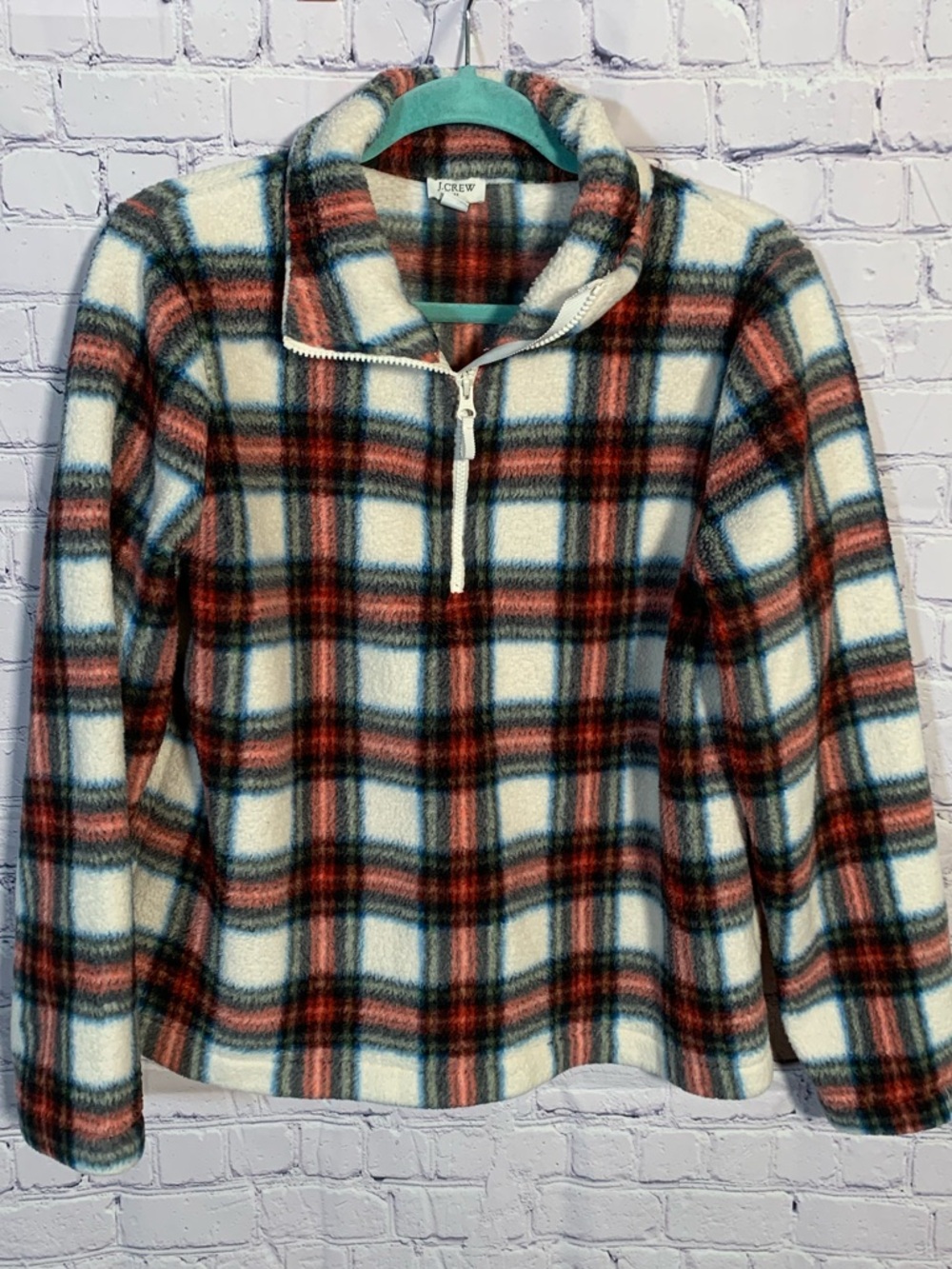 J.Crew Womens Tartan Plaid Sherpa Half-Zip Pullover Red M Outdoor Casual Layer